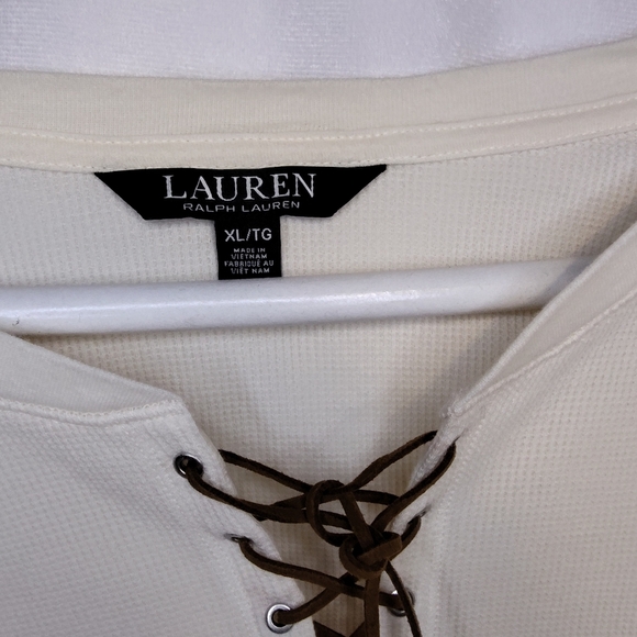 Lauren Ralph Lauren Cream Leather Tie Front 3/4 Sleeve Blouse - Picture 2 of 2